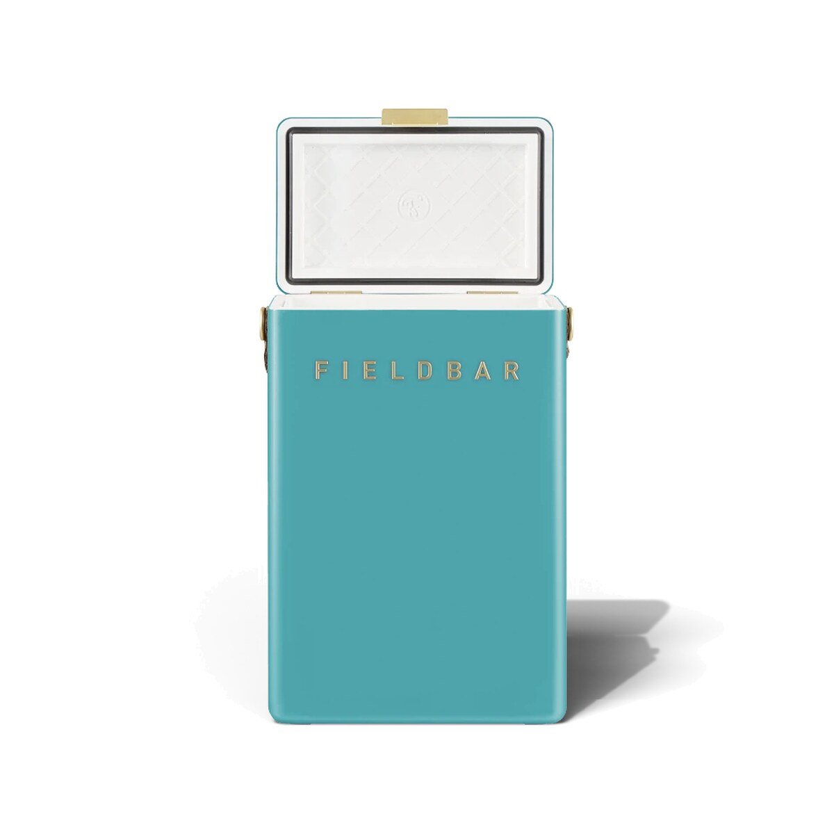 Fieldbar 10L Drinks Box cooler box in Bazaruto Blue, with the lid open on a white background