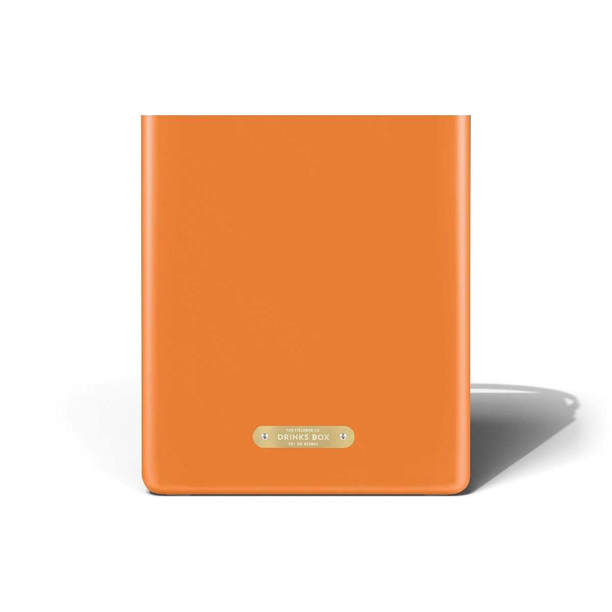 Fieldbar 10L Drinks Box cooler box in Orchard Orange, back view showing the brass name plaque on a white background