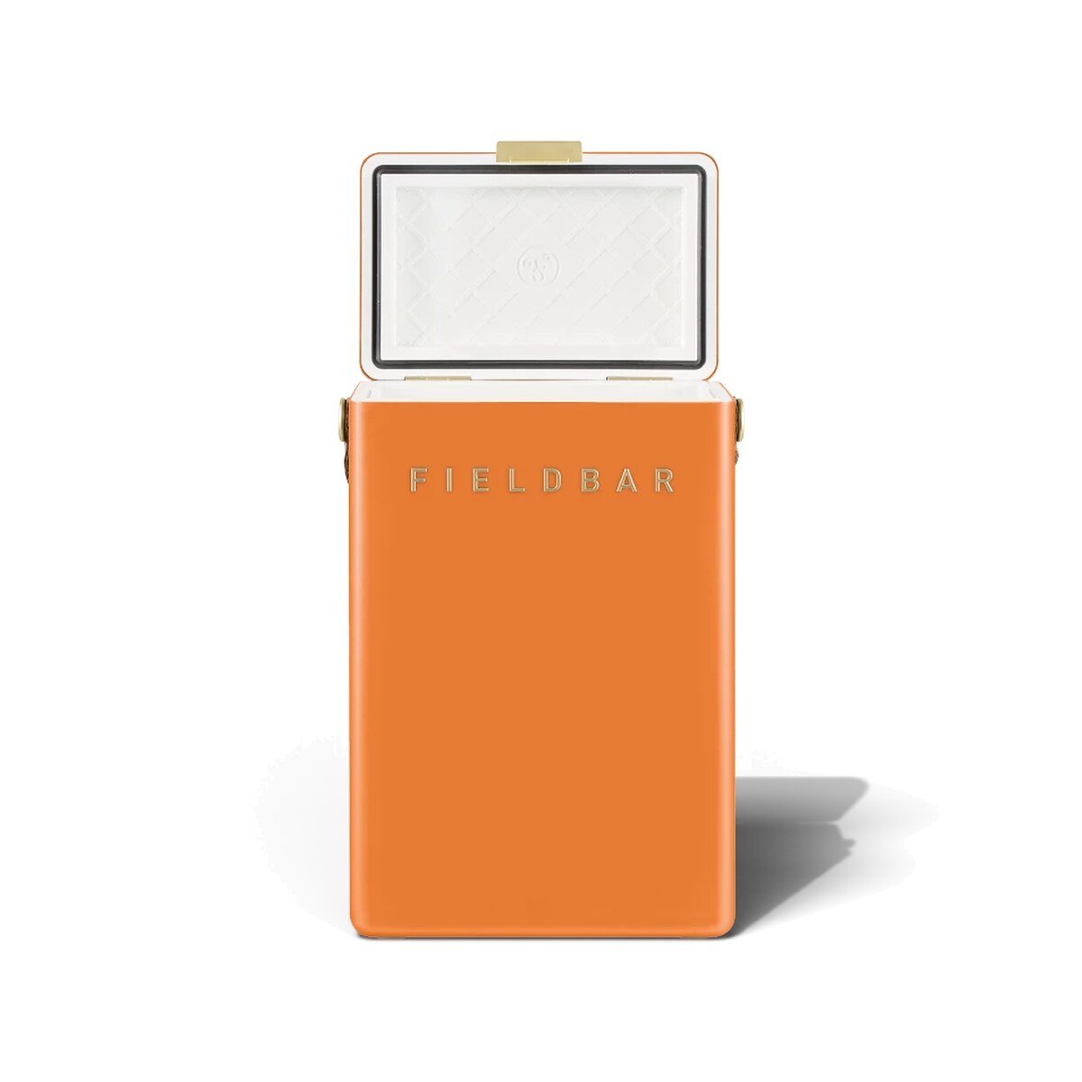 Fieldbar 10L Drinks Box cooler box in Orchard Orange, with the lid open on a white background