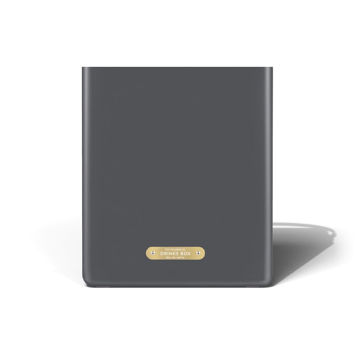 Fieldbar 10L Drinks Box cooler box in Oyster Grey, back view showing the brass name plaque on a white background