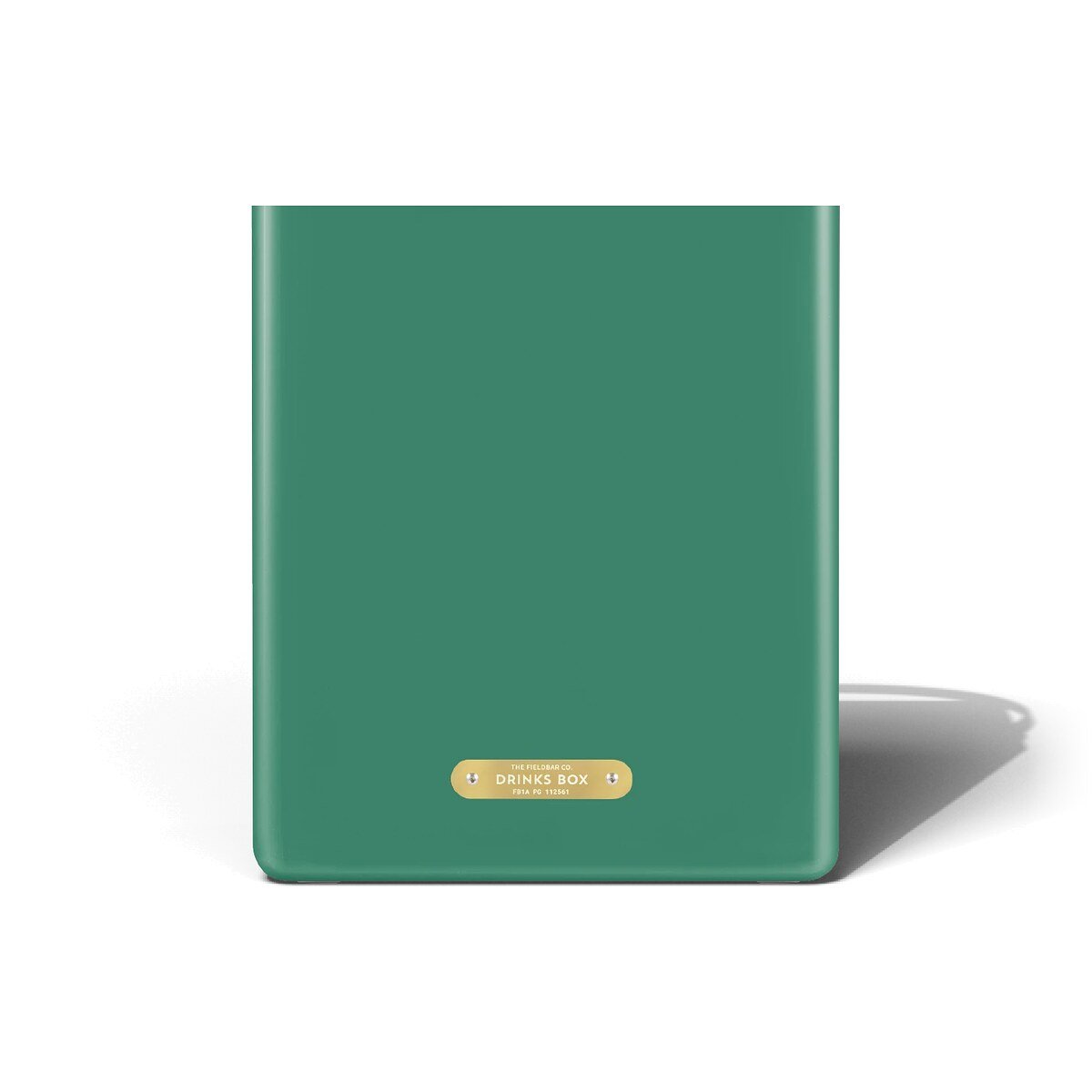 Fieldbar 10L Drinks Box cooler box in Parisian Green, back view showing the brass name plaque on a white background