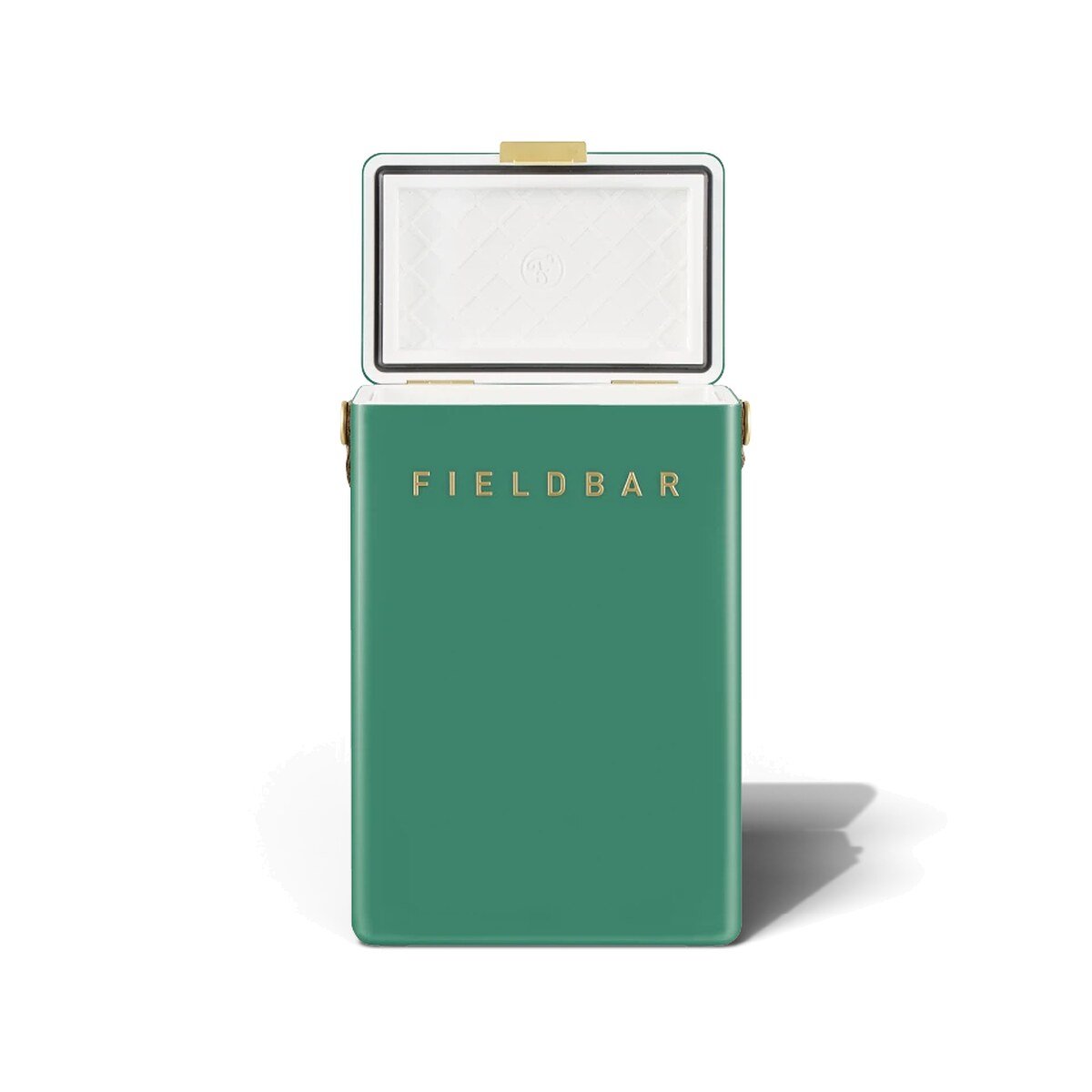 Fieldbar 10L Drinks Box cooler box in Parisian Green, with the lid open on a white background