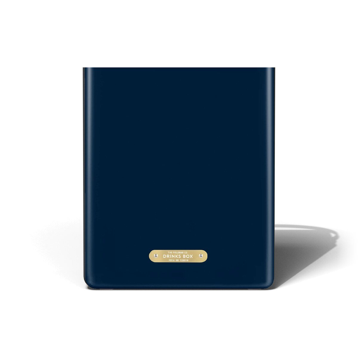 Fieldbar 10L Drinks Box cooler box in Sea Boat Blue, back view showing the brass name plaque on a white background