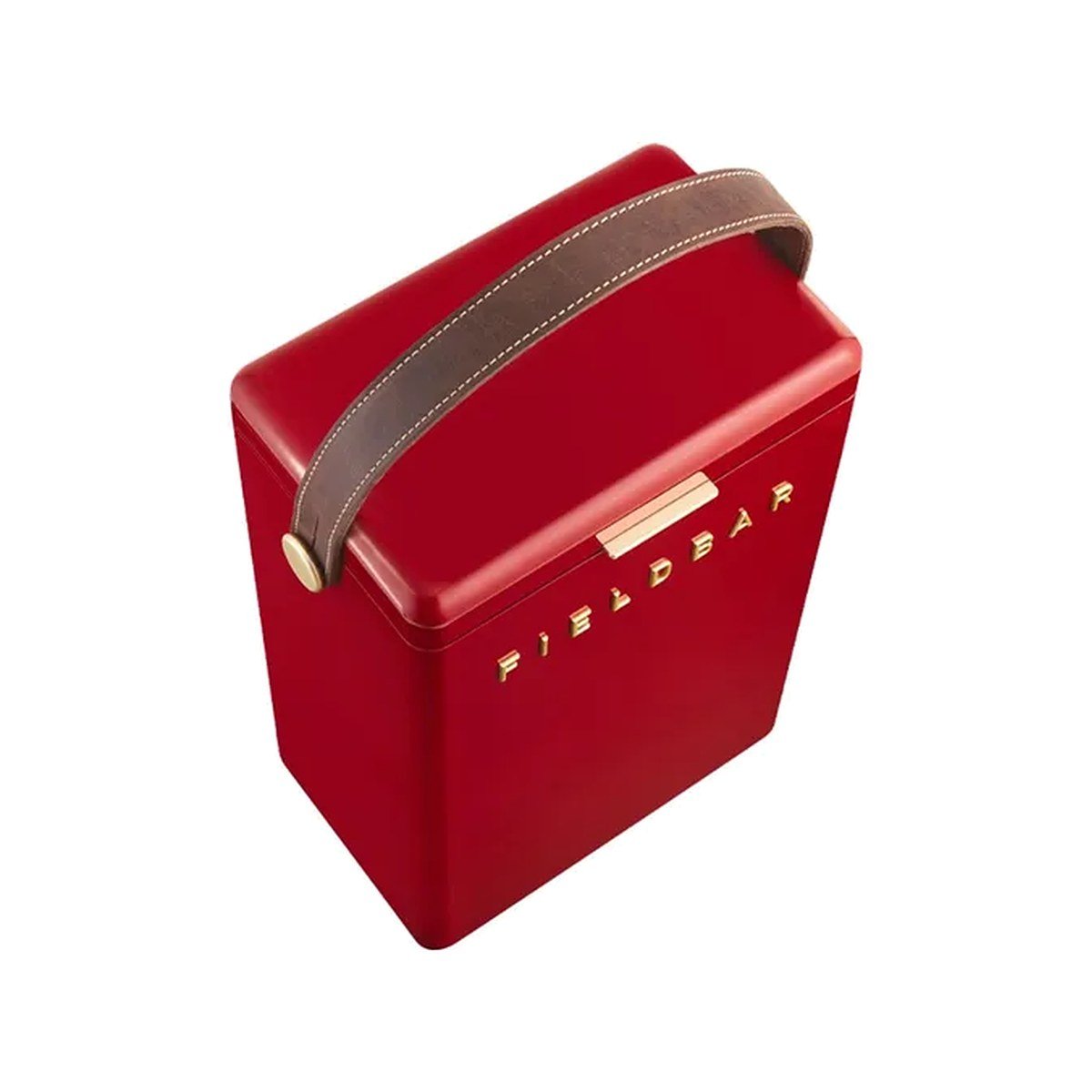 Fieldbar 10L Drinks Box cooler box in Lobster Red, top angle with leather handle on a white background