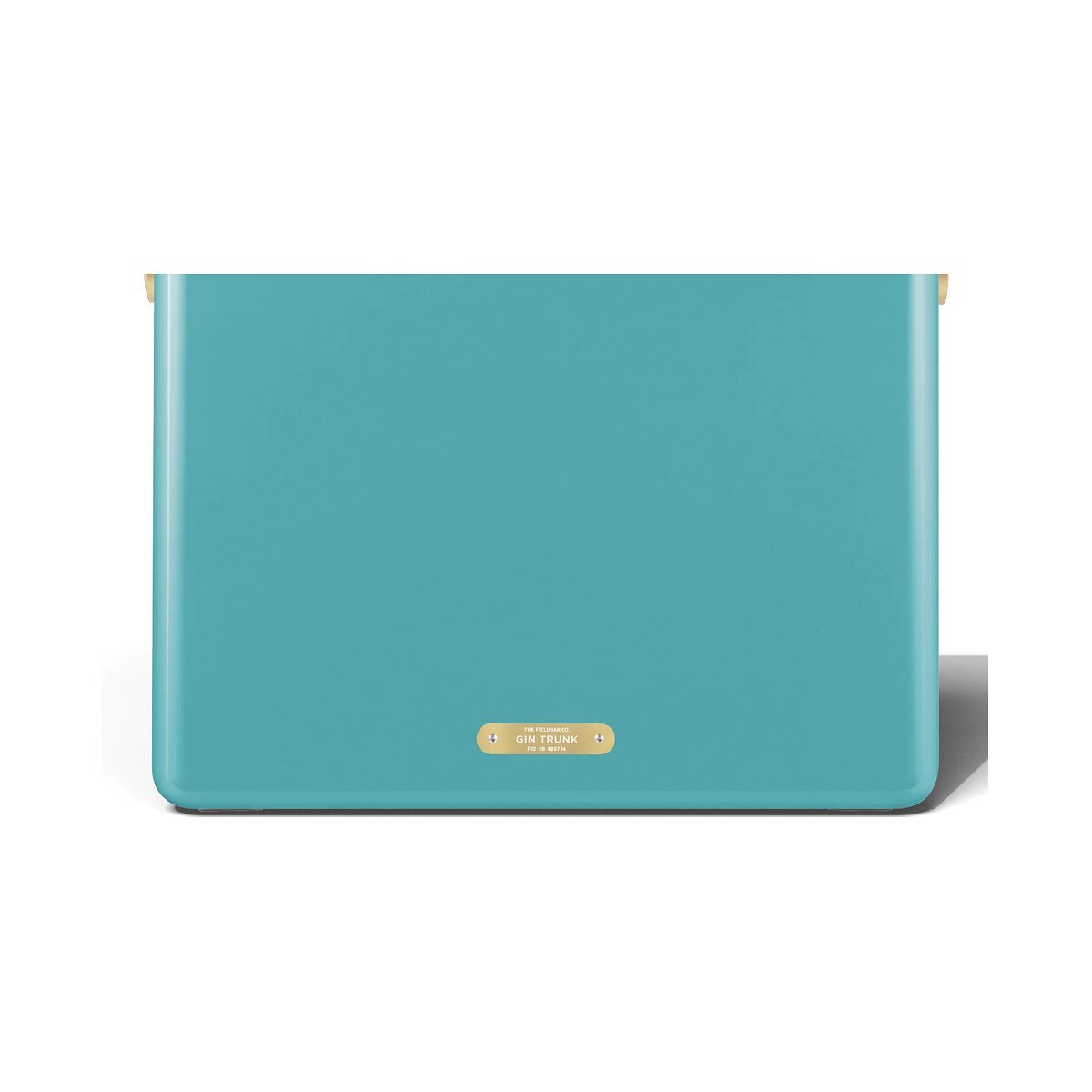 Fieldbar 24L Gin Trunk cooler box in Bazaruto Blue, back view showing the brass name plaque on a white background