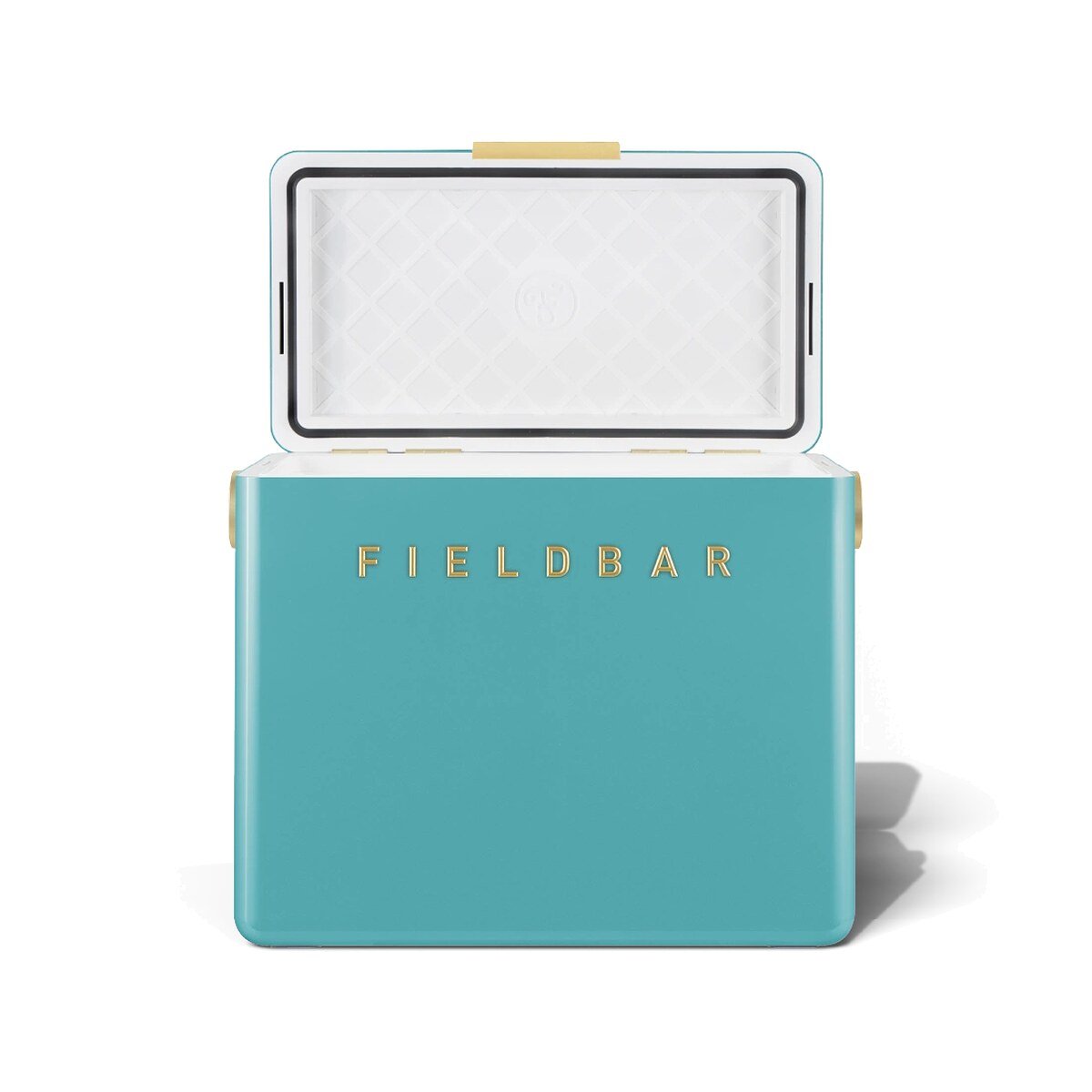Fieldbar 24L Gin Trunk cooler box in Bazaruto Blue, with the lid open on a white background