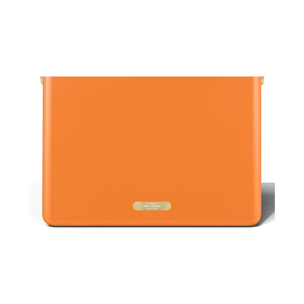 Fieldbar 24L Gin Trunk cooler box in Orchard Orange, back view showing the brass name plaque on a white background