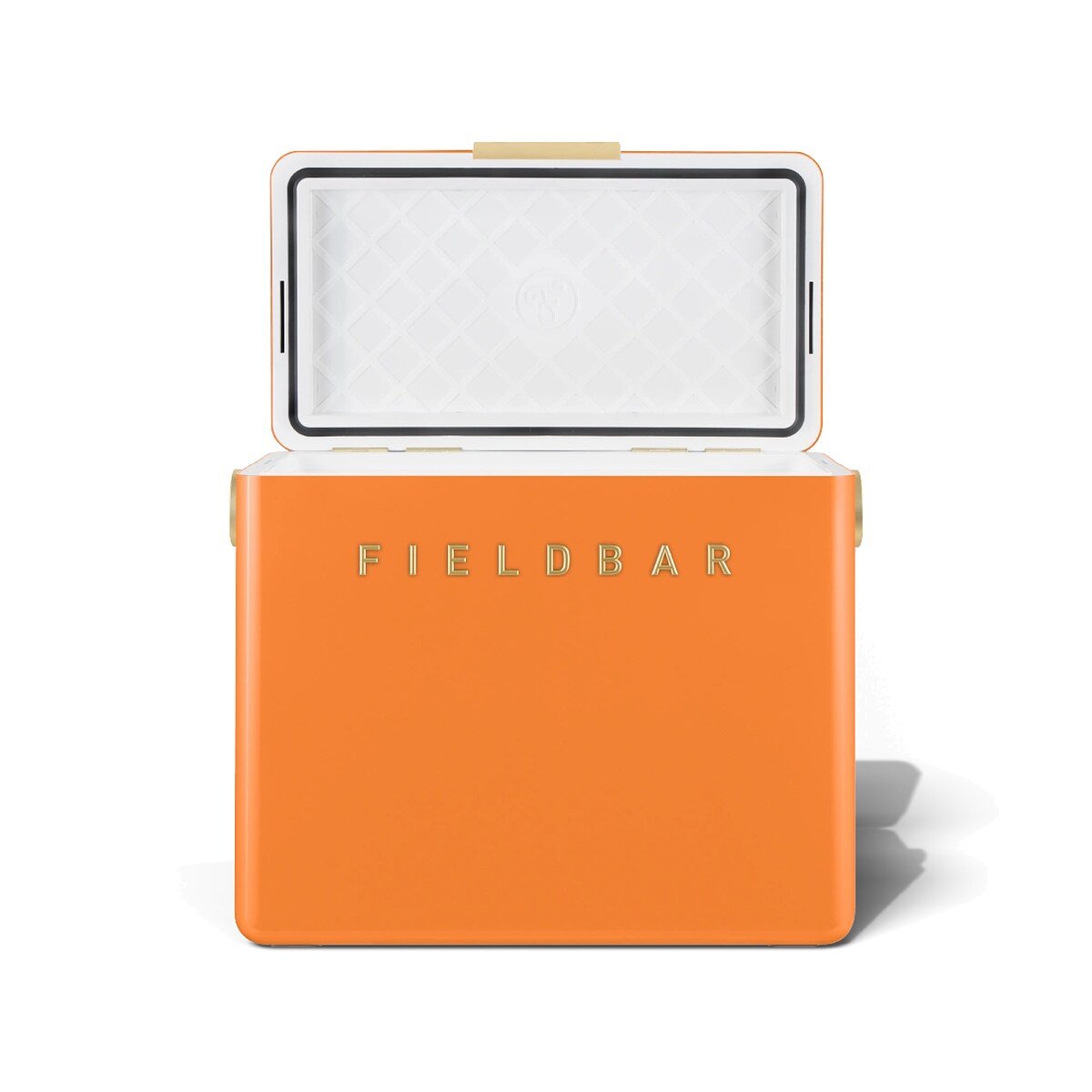 Fieldbar 24L Gin Trunk cooler box in Orchard Orange, with the lid open on a white background