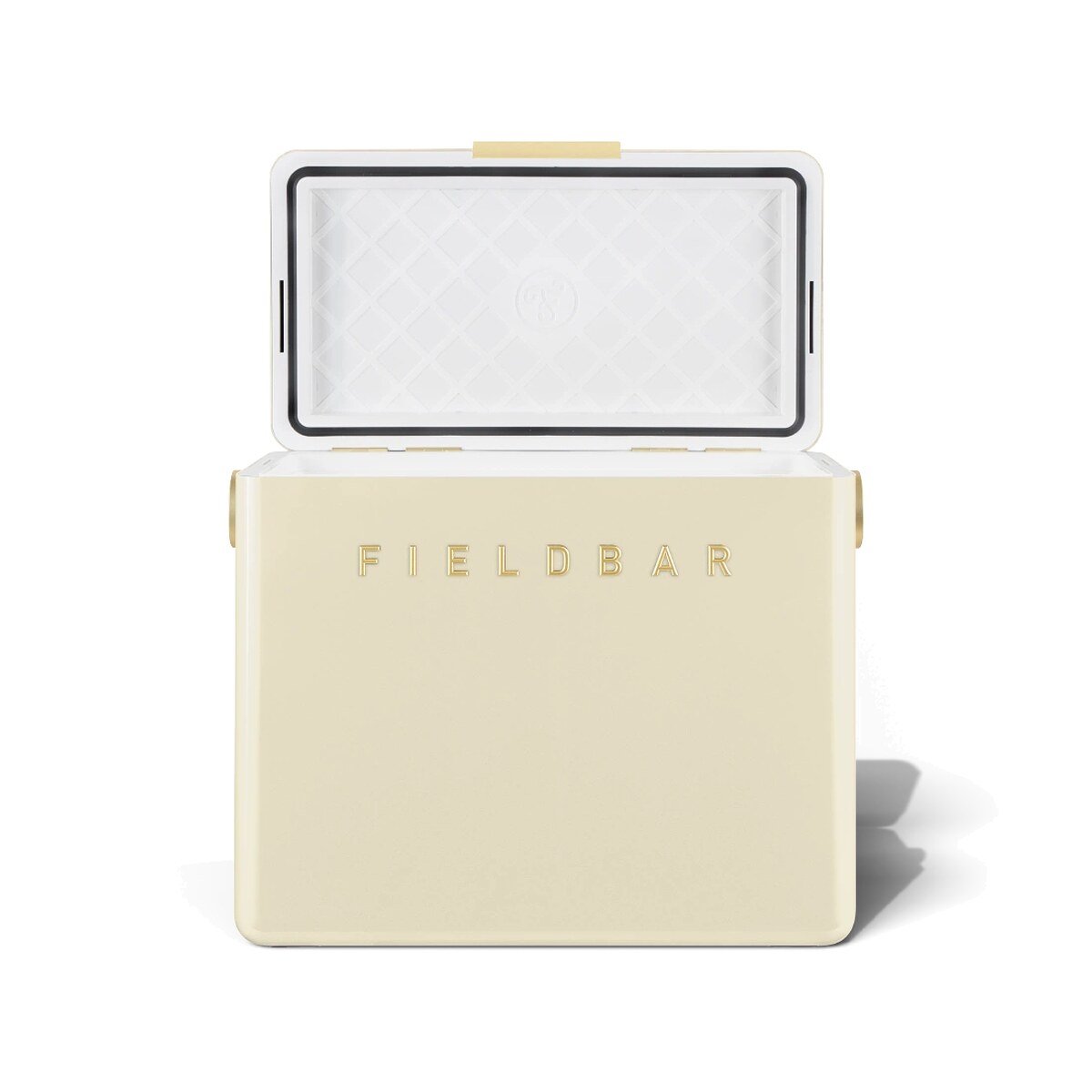 Fieldbar 24L Gin Trunk cooler box in Safari White, with the lid open on a white background