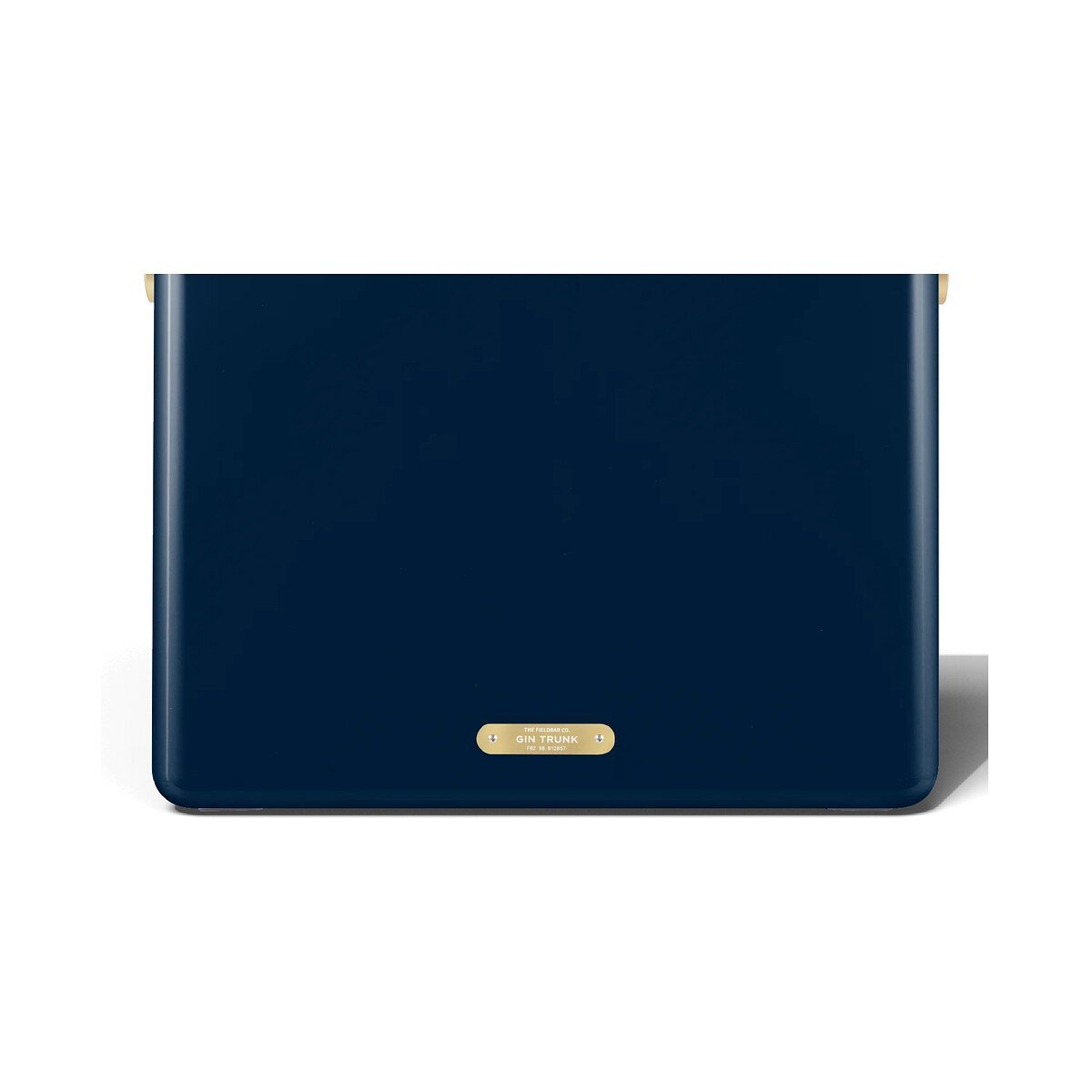 Fieldbar 24L Gin Trunk cooler box in Sea Boat Blue, back view showing the brass name plaque on a white background
