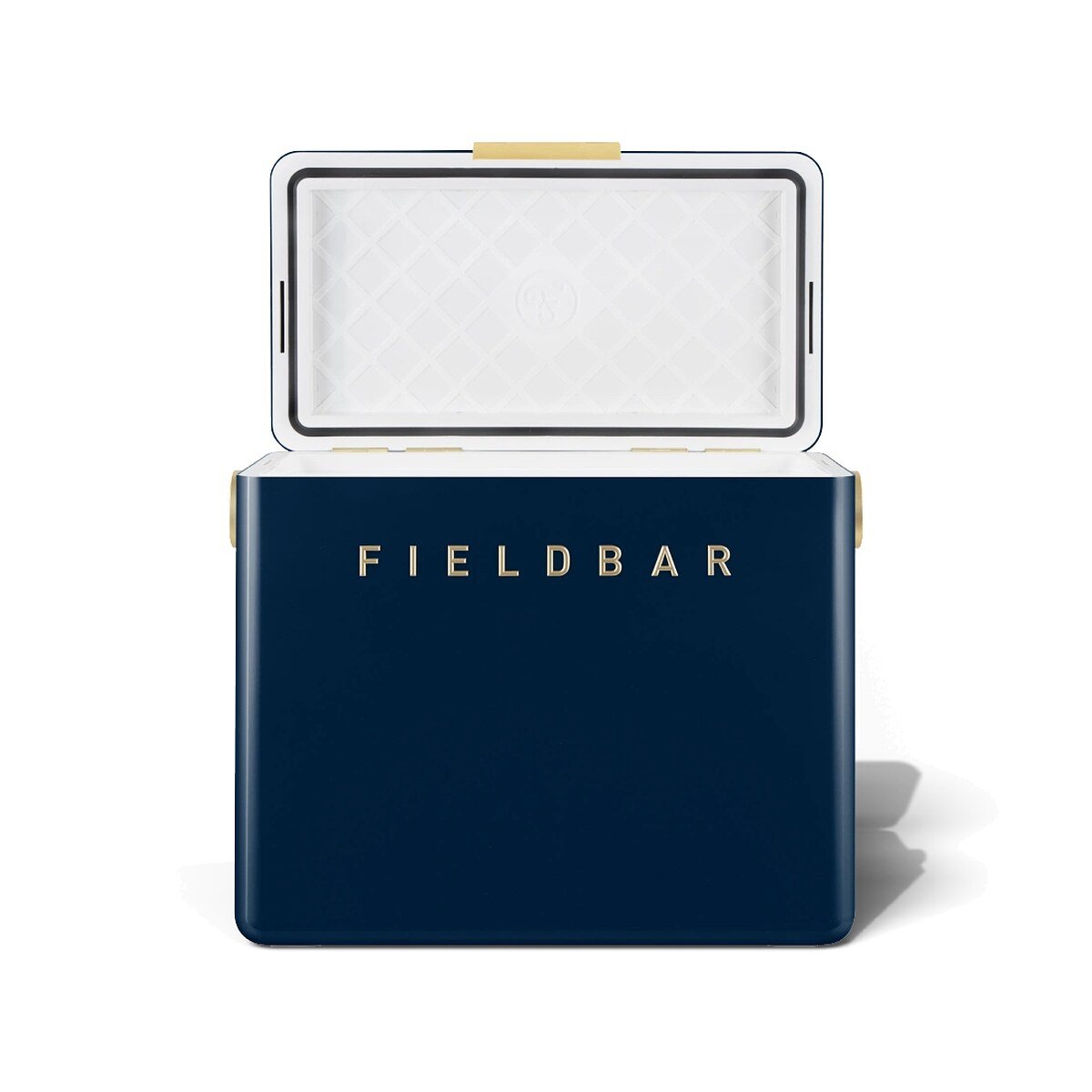 Fieldbar 24L Gin Trunk cooler box in Sea Boat Blue, with the lid open on a white background