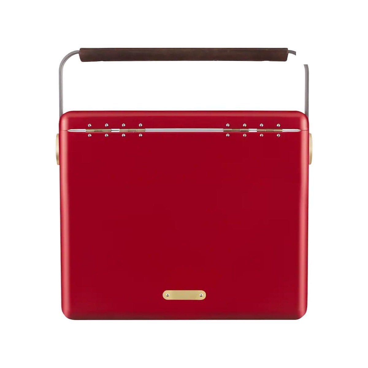 Fieldbar 24L Gin Trunk Cooler Box Lobster Red - back brass plaque on a white background