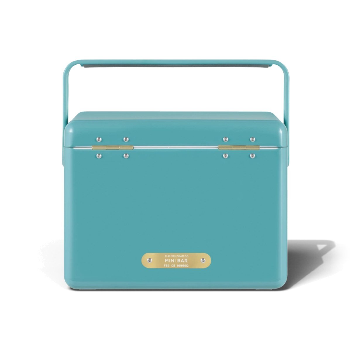 Fieldbar 4L Mini Bar cooler box in Bazaruto Blue, back view showing the brass name plaque on a white background