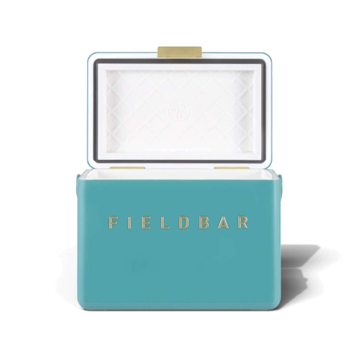 Fieldbar 4L Mini Bar cooler box in Bazaruto Blue, with the lid open on a white background
