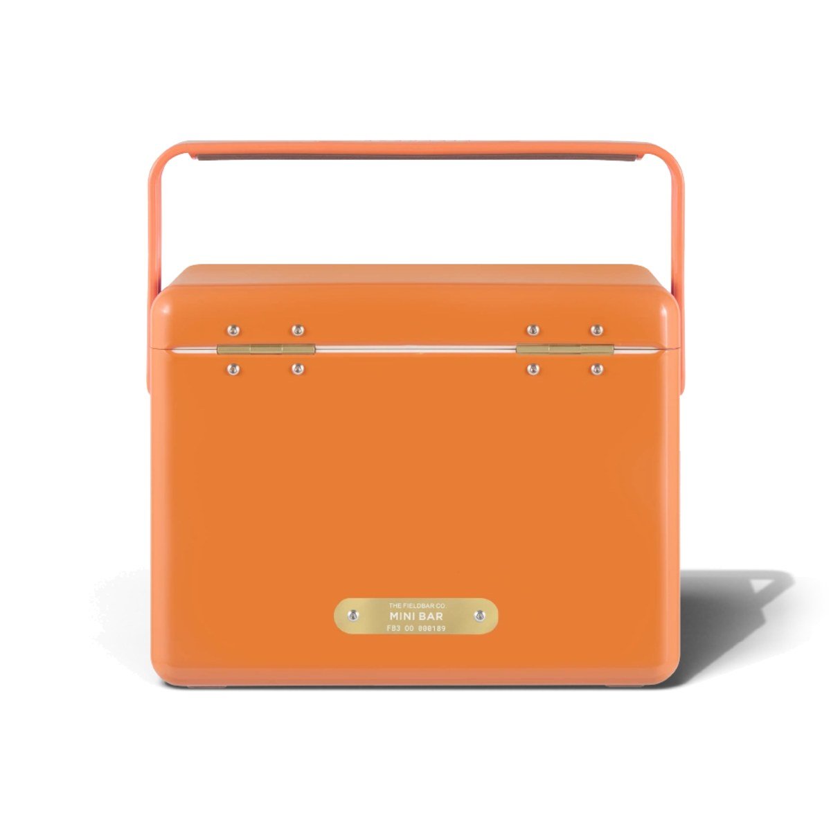 Fieldbar 4L Mini Bar cooler box in Orchard Orange, back view showing the brass name plaque on a white background