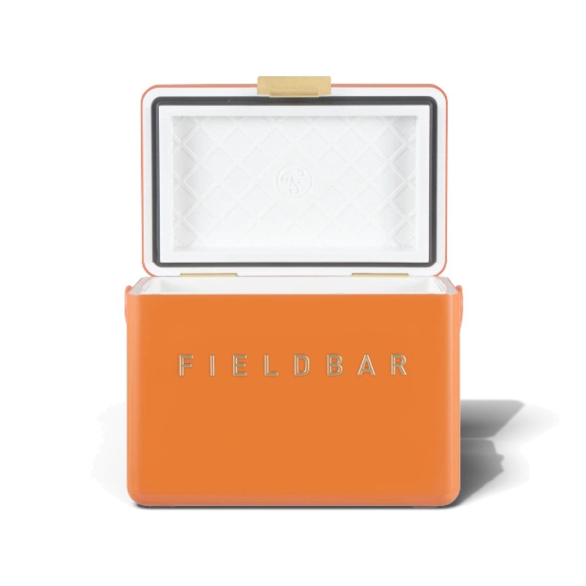 Fieldbar 4L Mini Bar cooler box in Orchard Orange, with the lid open on a white background