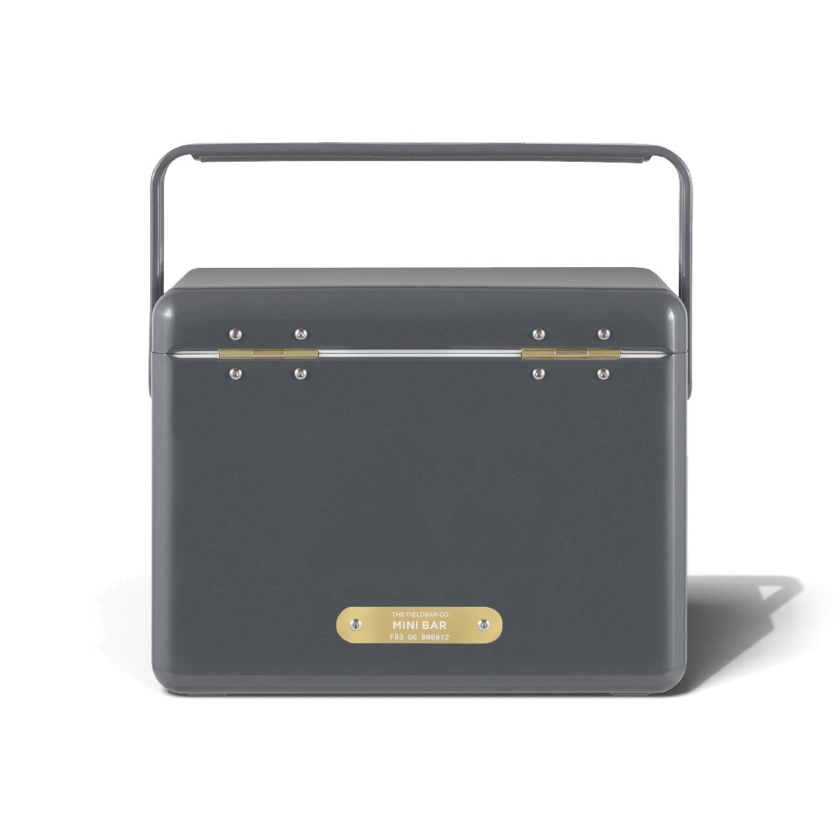 Fieldbar 4L Mini Bar cooler box in Oyster Grey, back view showing the brass name plaque on a white background
