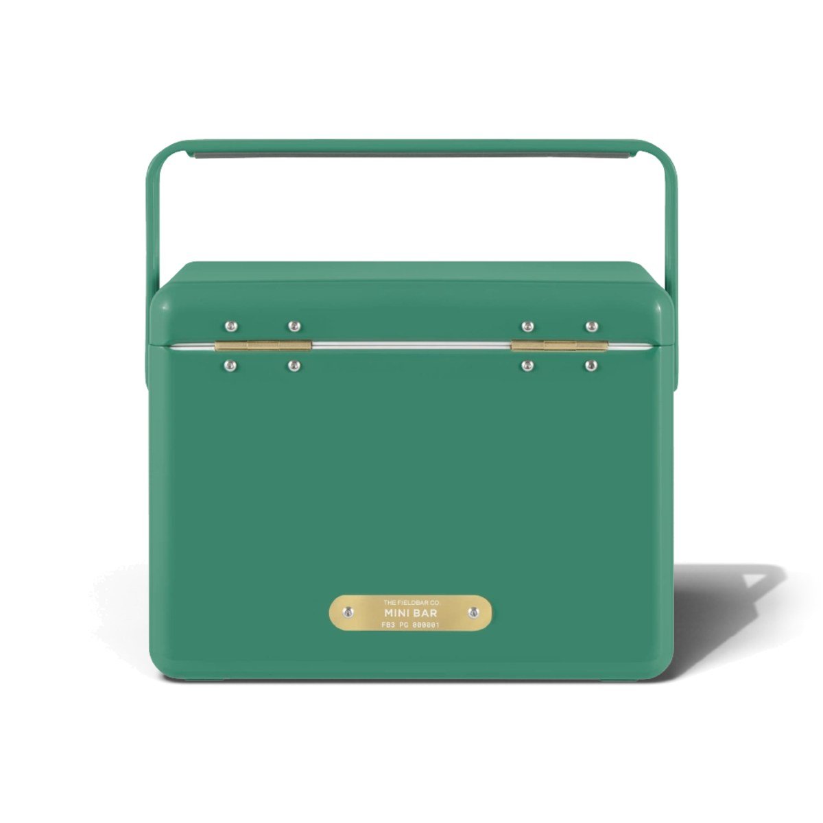 Fieldbar 4L Mini Bar cooler box in Parisian Green, back view showing the brass name plaque on a white background