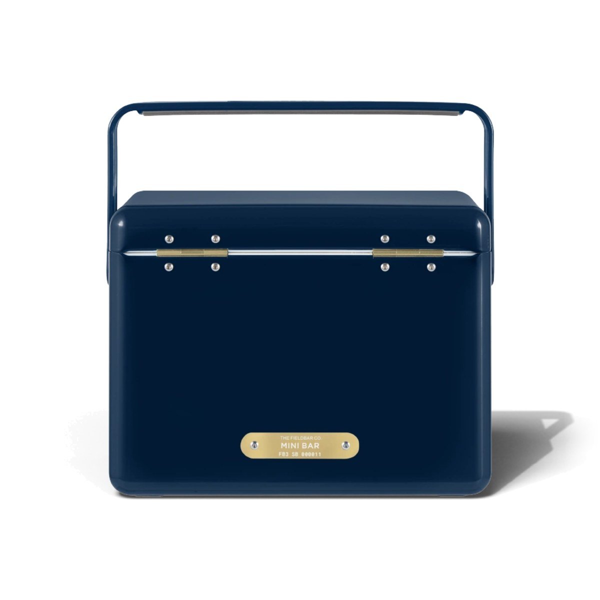 Fieldbar 4L Mini Bar cooler box in Sea Boat Blue, back view showing the brass name plaque on a white background