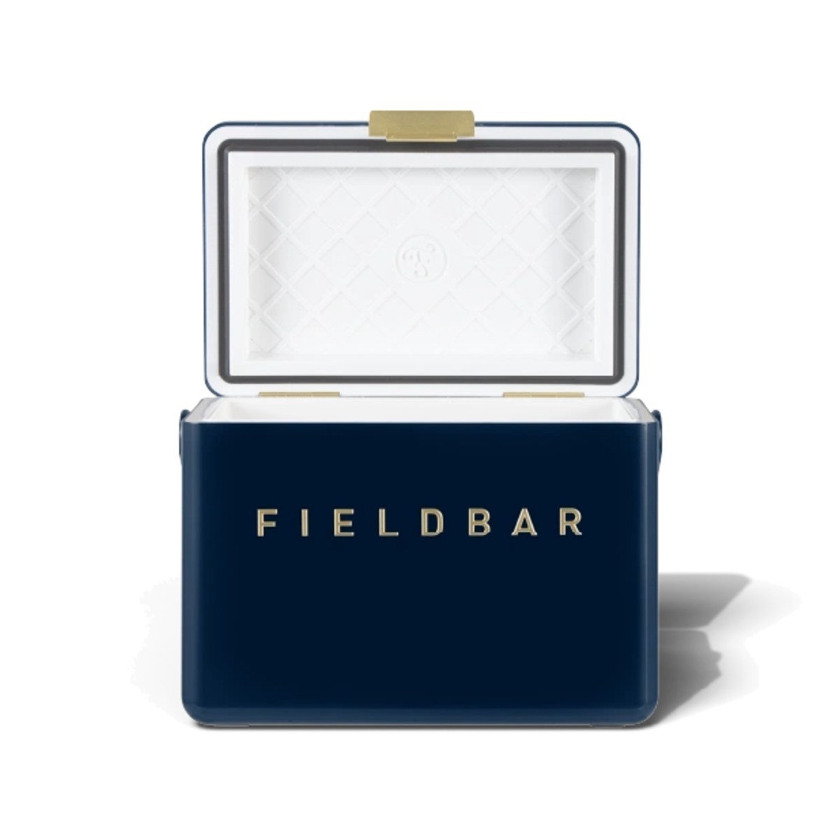 Fieldbar 4L Mini Bar cooler box in Sea Boat Blue, with the lid open on a white background