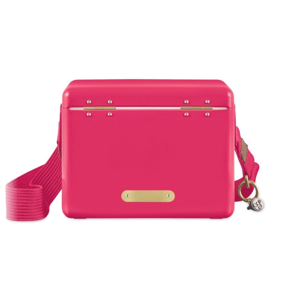 Fieldbar 4L Mini Bar cooler box in Limited Edition Hot Pink, back view showing the brass name plaque