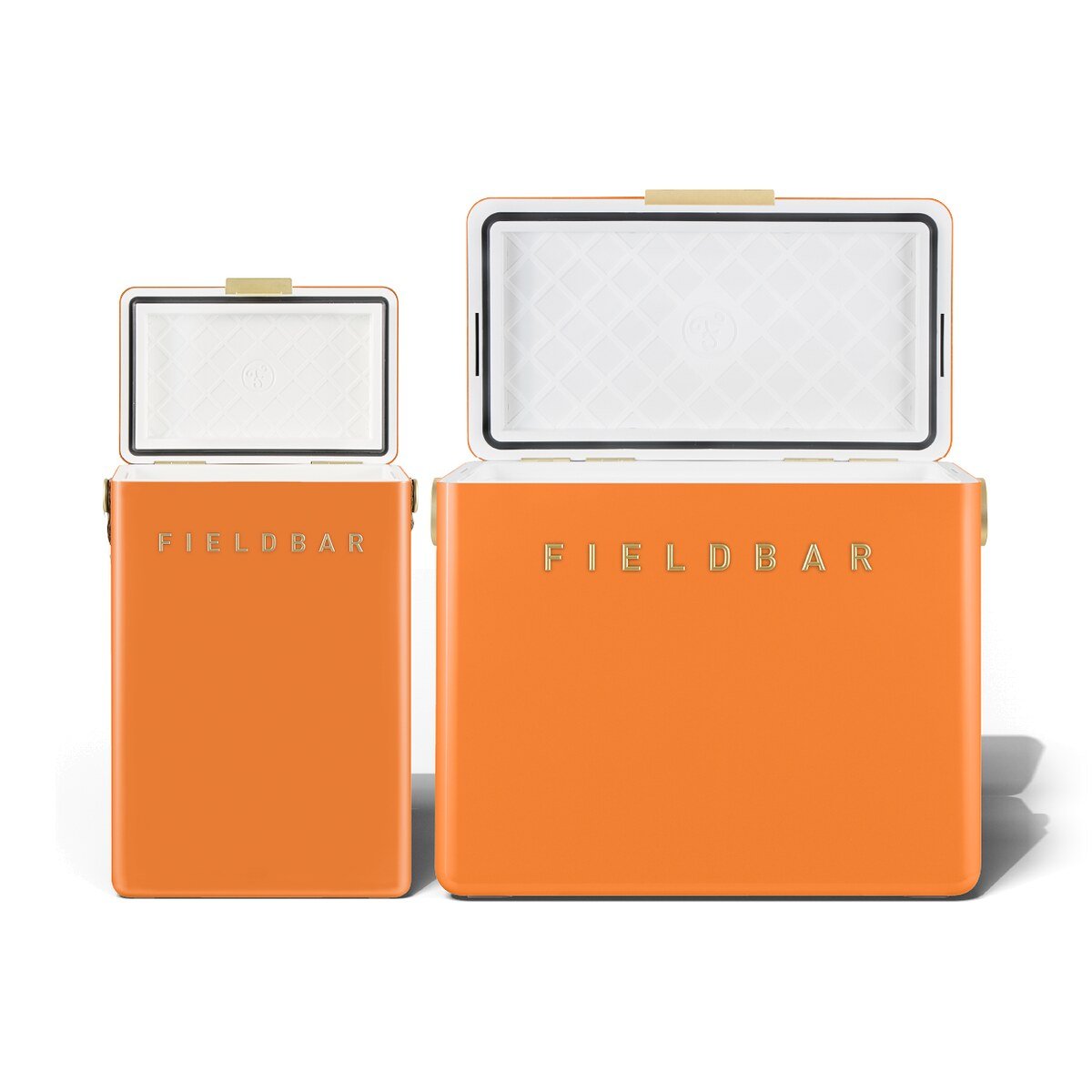 Fieldbar Cooler Box Set 10L and 24L Orchard Orange - lids open on a white background