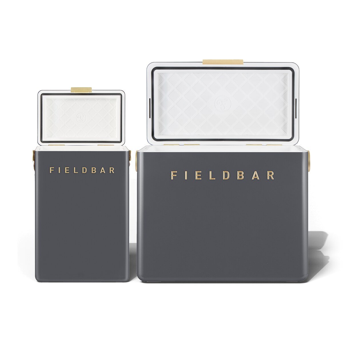 Fieldbar Cooler Box Set 10L and 24L Oyster Grey - lids open on a white background