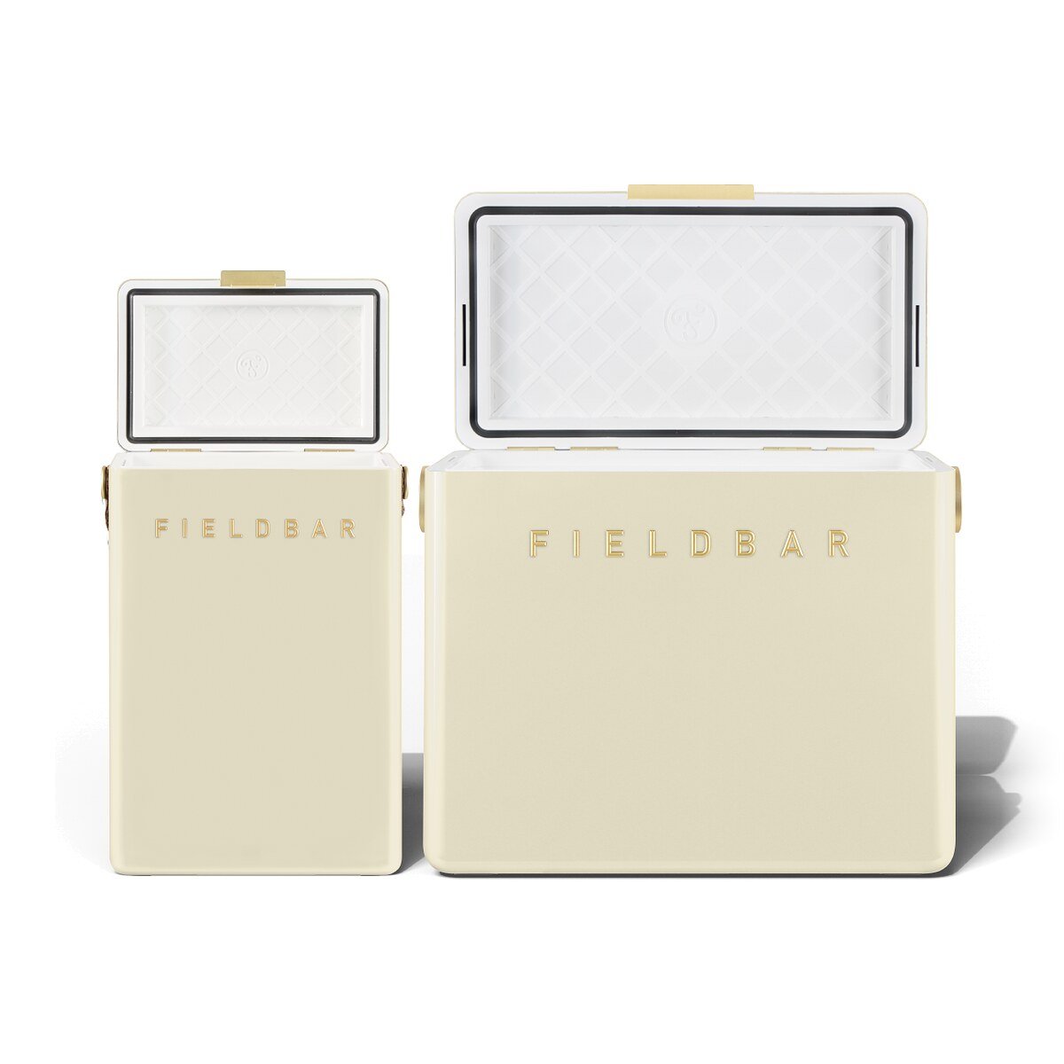 Fieldbar Cooler Box Set 10L and 24L Safari White - lids open on a white background