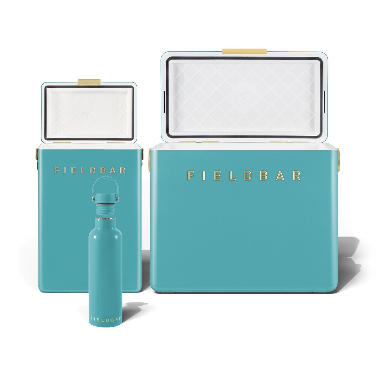 Fieldbar Cooler Box Set and Field Bottle Bazaruto Blue - lids open on a white background