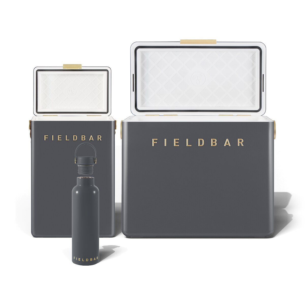 Fieldbar Cooler Box Set and Field Bottle Oyster Grey - lids open on a white background