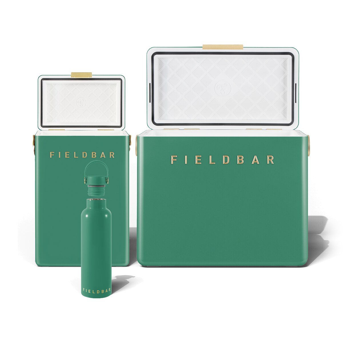 Fieldbar Cooler Box Set and Field Bottle Parisian Green - lids open on a white background