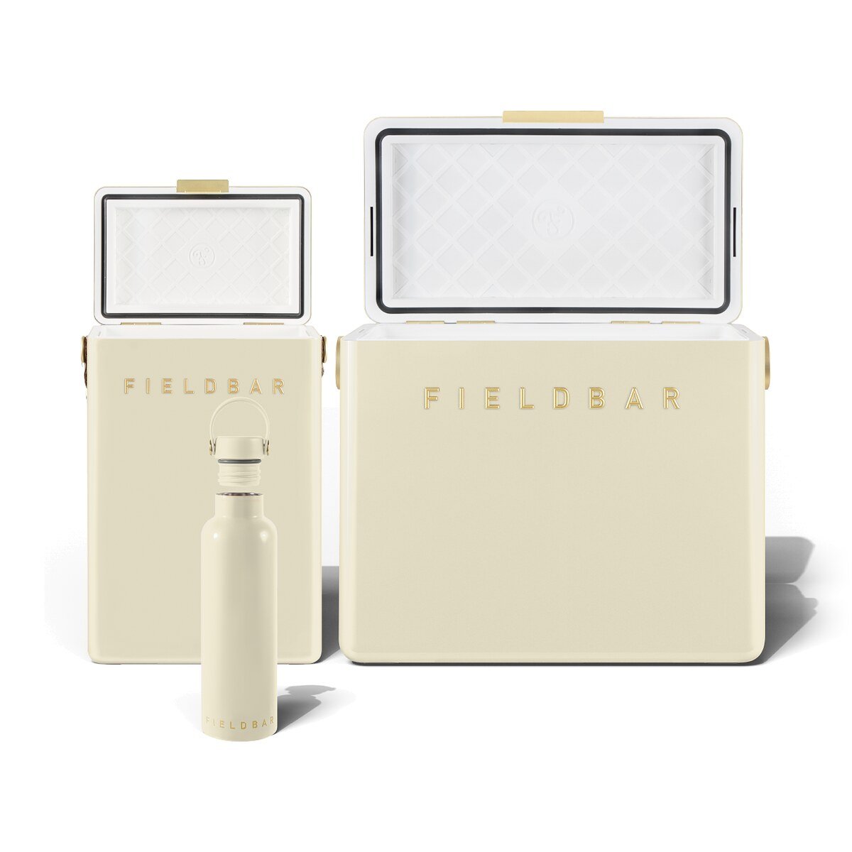 Fieldbar Cooler Box Set and Field Bottle Safari White - lids open on a white background