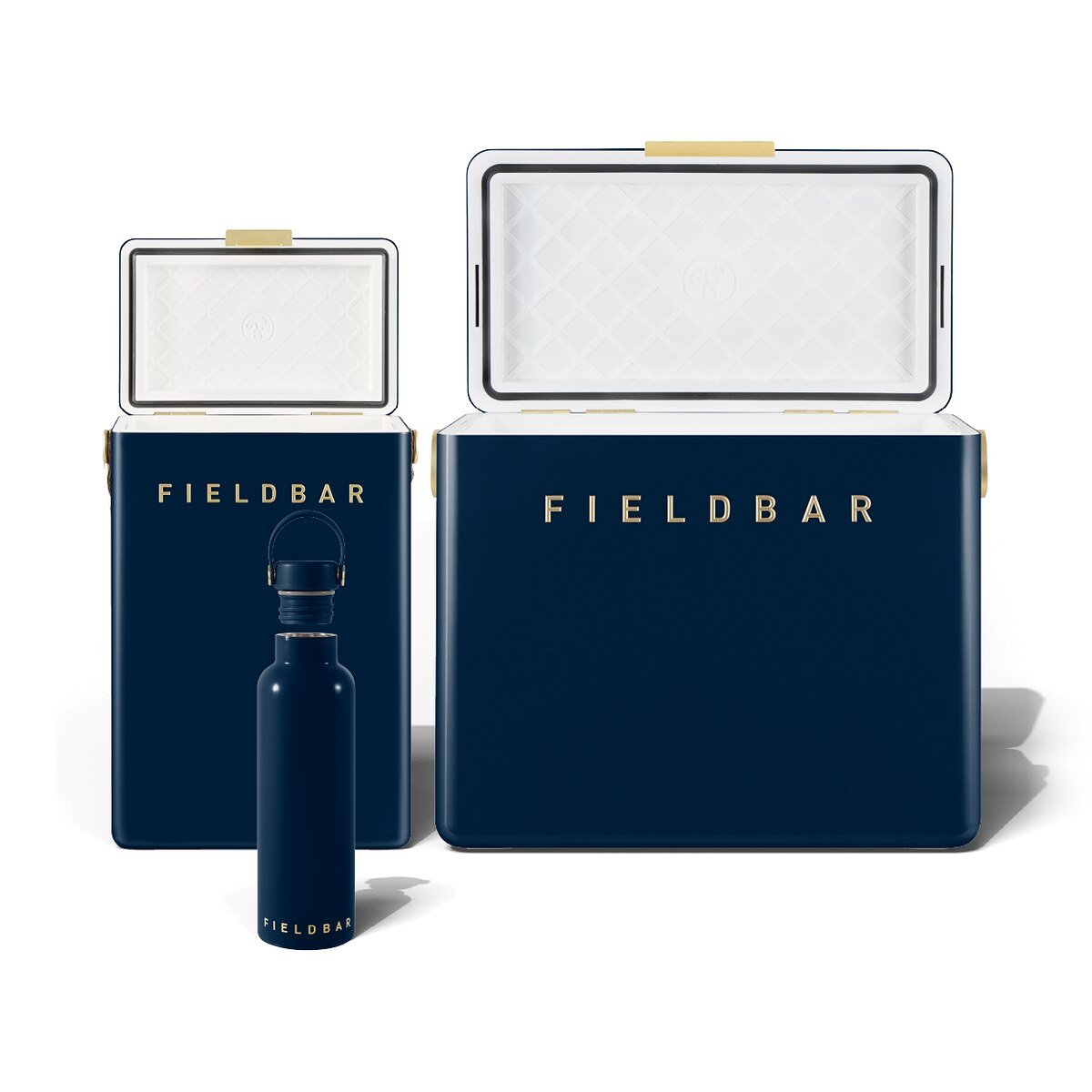 Fieldbar Cooler Box Set and Field Bottle Sea Boat Blue - lids open on a white background