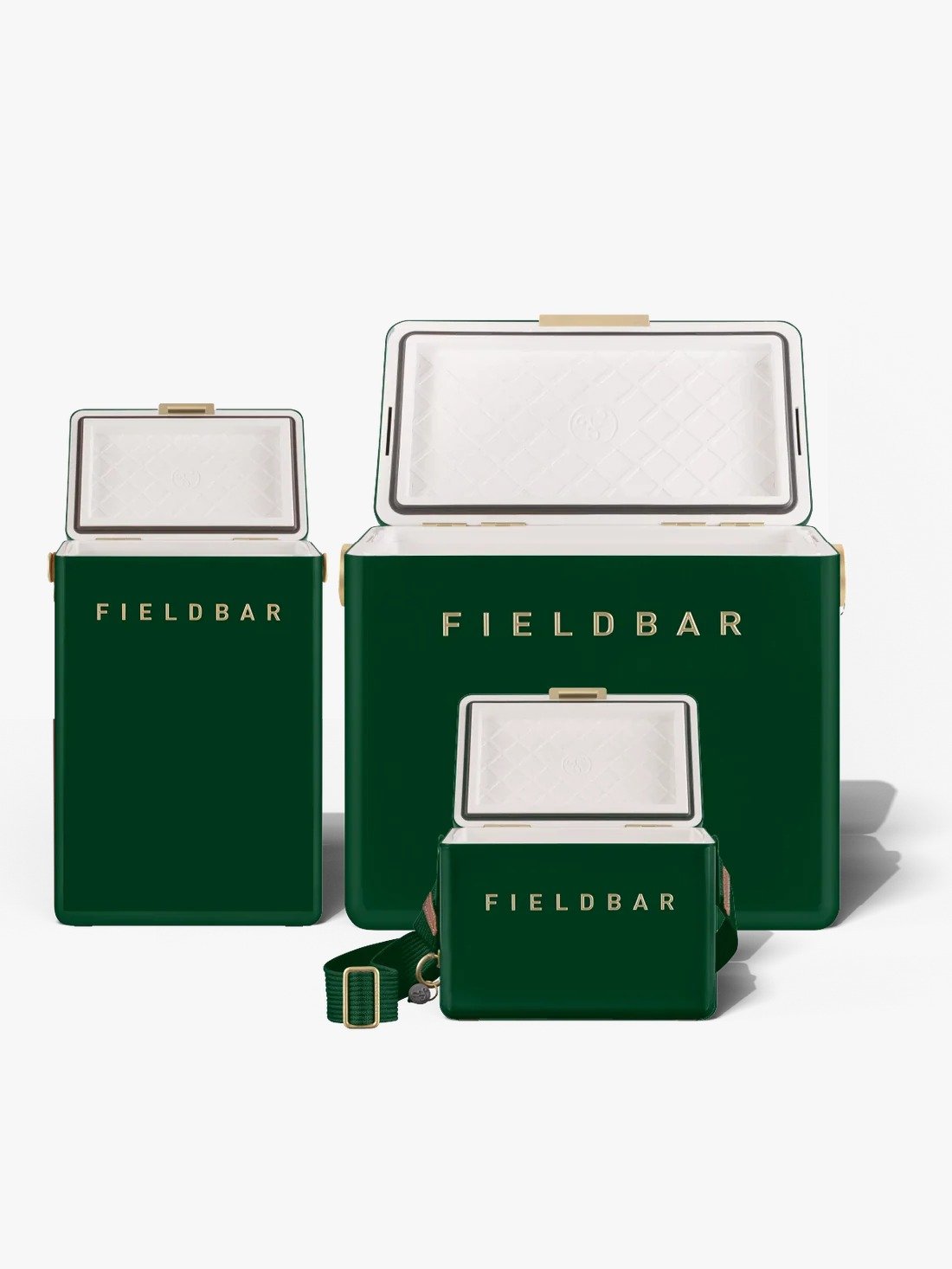 Fieldbar Racing Green cooler boxes shown open