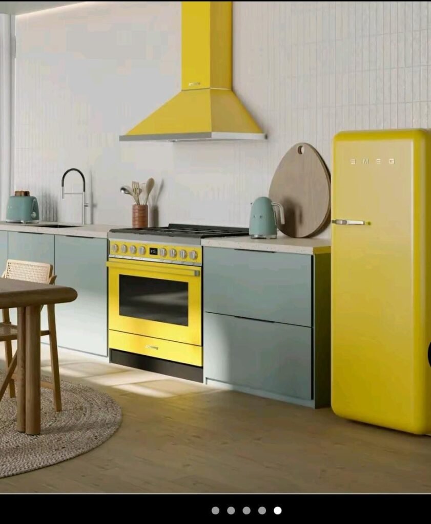 SMEG yellow range cooker and fridge in a sage green kitchen